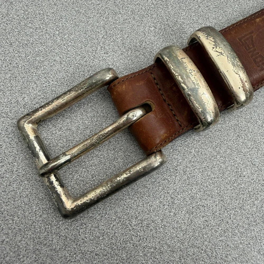Honest Belt Mens 38? Brown Leather Silver Buckle Distressed Brighton Casual 1.5